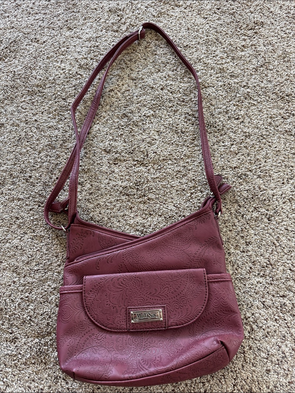 Embossed Burgundy Crossbody Bag with Front Flap